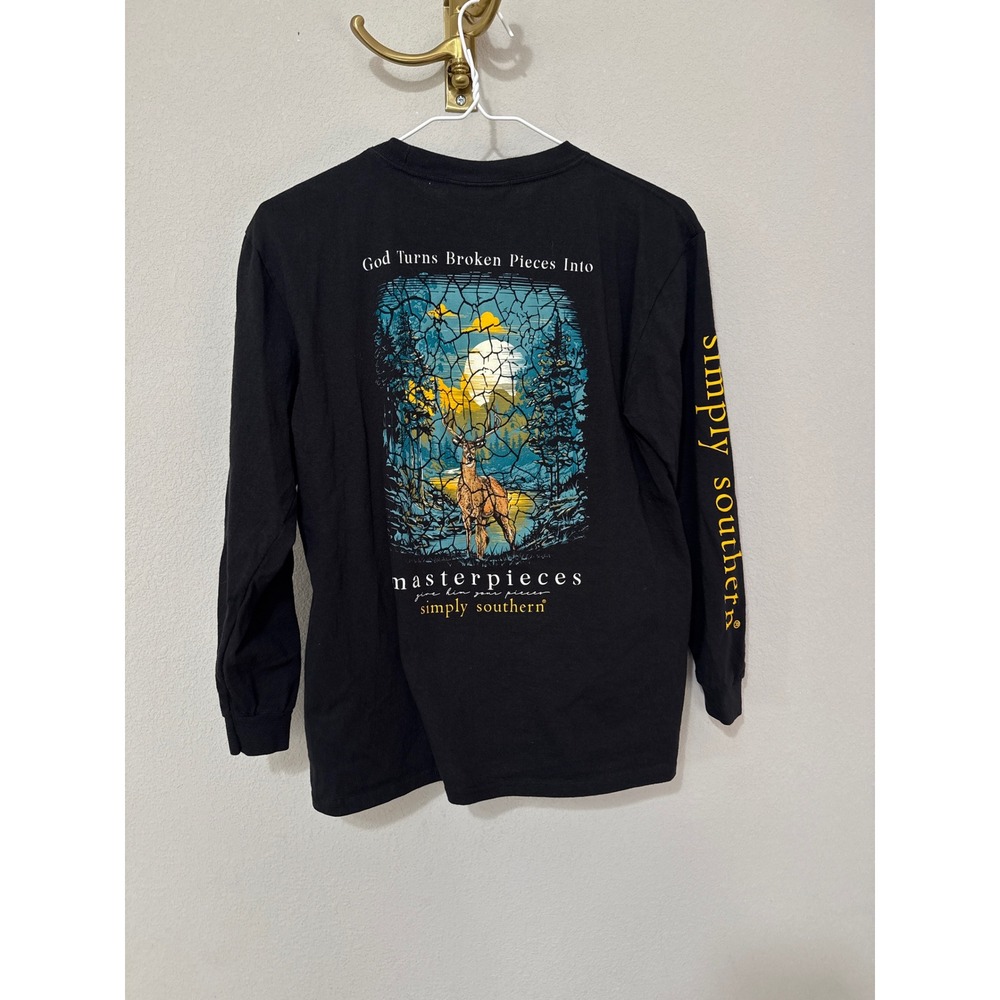 Simply Southern Graphic Tee Youth Large Black Deer Stained Glass Long Sleeve
